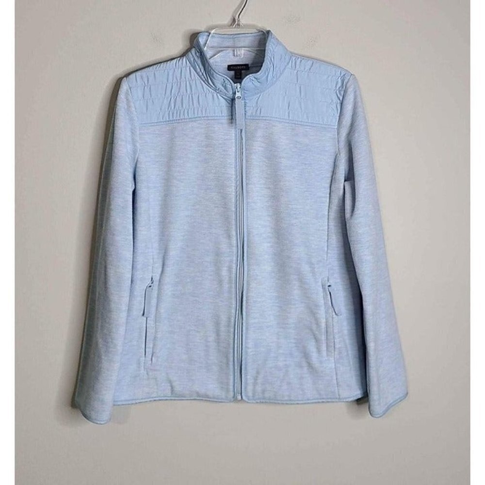 Talbots Womens Quilted Upper Mock Neck Front Zip Long Sleeve Blue Jacket Medium